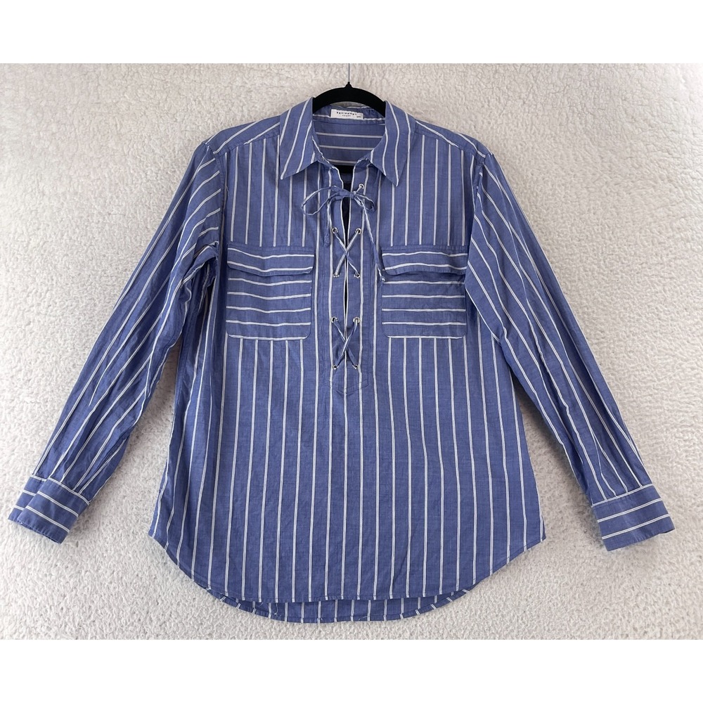 Equipment Knox Stripe Lace Up Shirt Womens Medium Blue White Long‎ Sleeve Casual